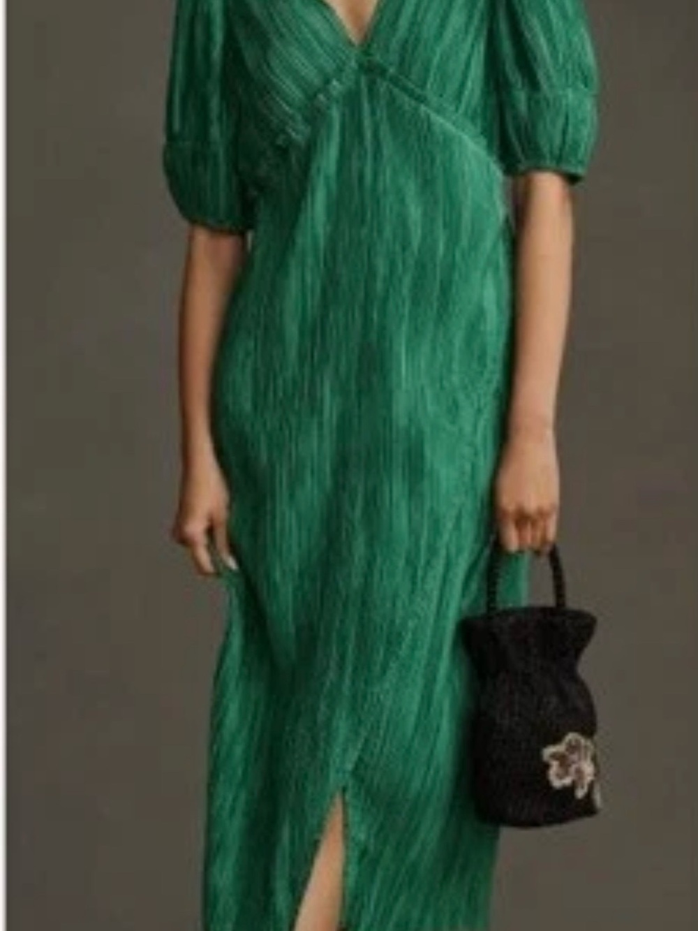 Anthropologie Emerald Green V-Neck Midi Dress with Puff Sleeves